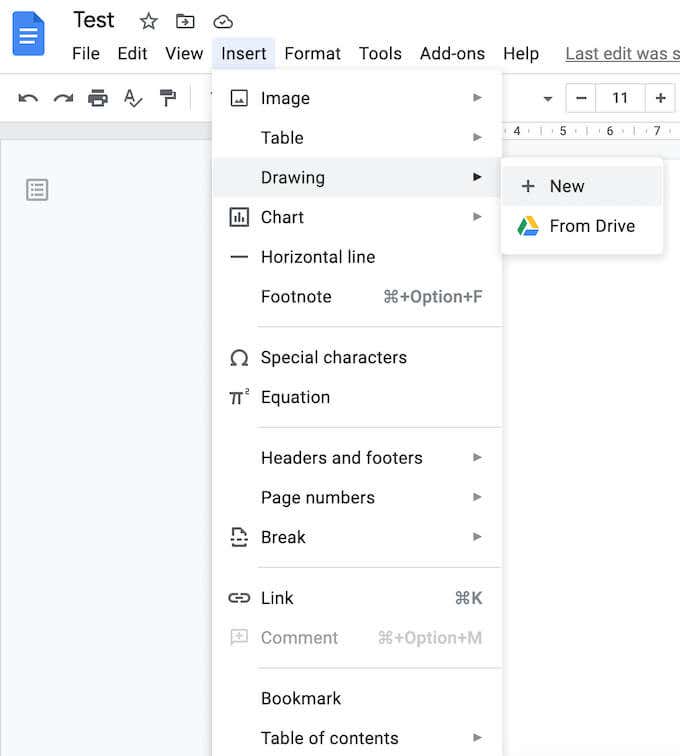 a drop down menu showing where to find the drawing tool in Google Docs - 01_google-docs_insert-new-drawing