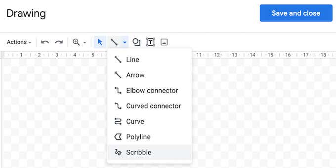 a drop down menu in the Drawing tool in Google docs showing where to find the various arrows - 02_drawing_scribble