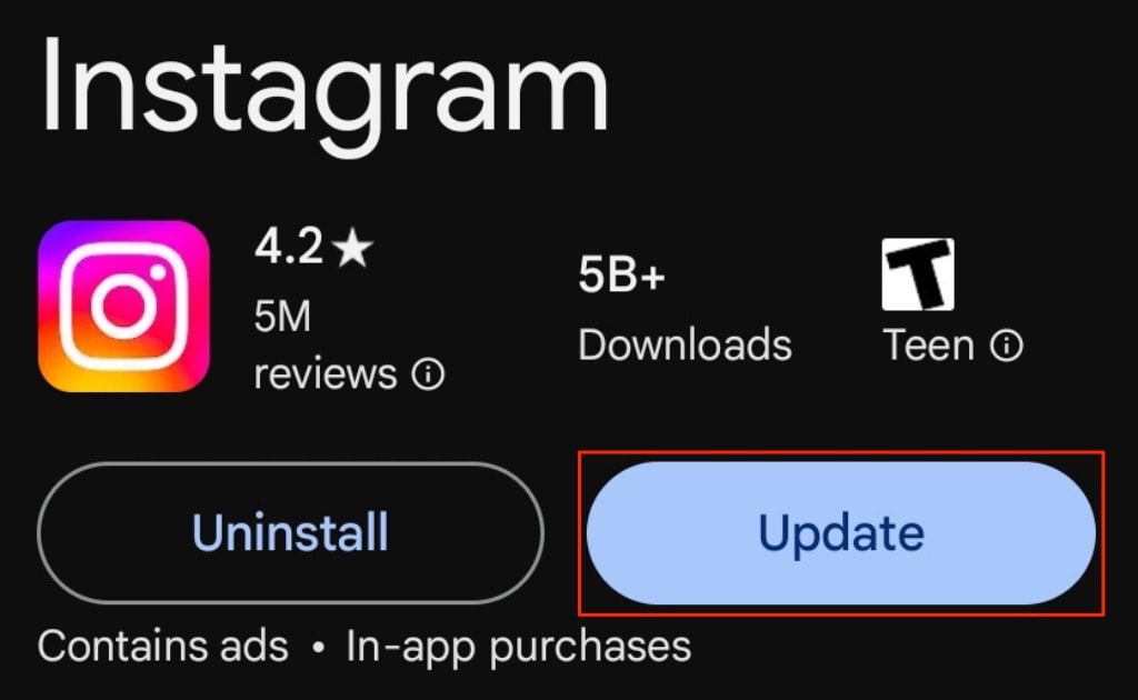 "Update" option for Instagram in the Google Play Store