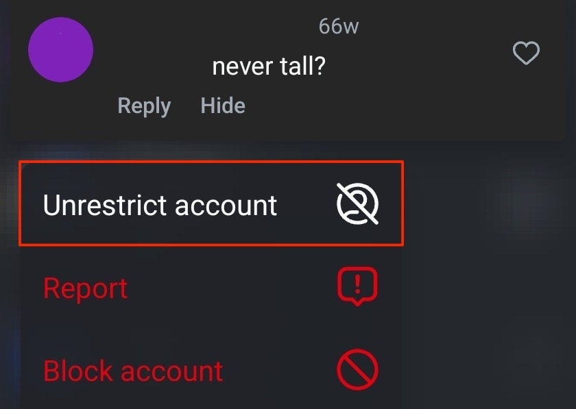 Steps to unrestrict an Instagram account via comment section in Android
