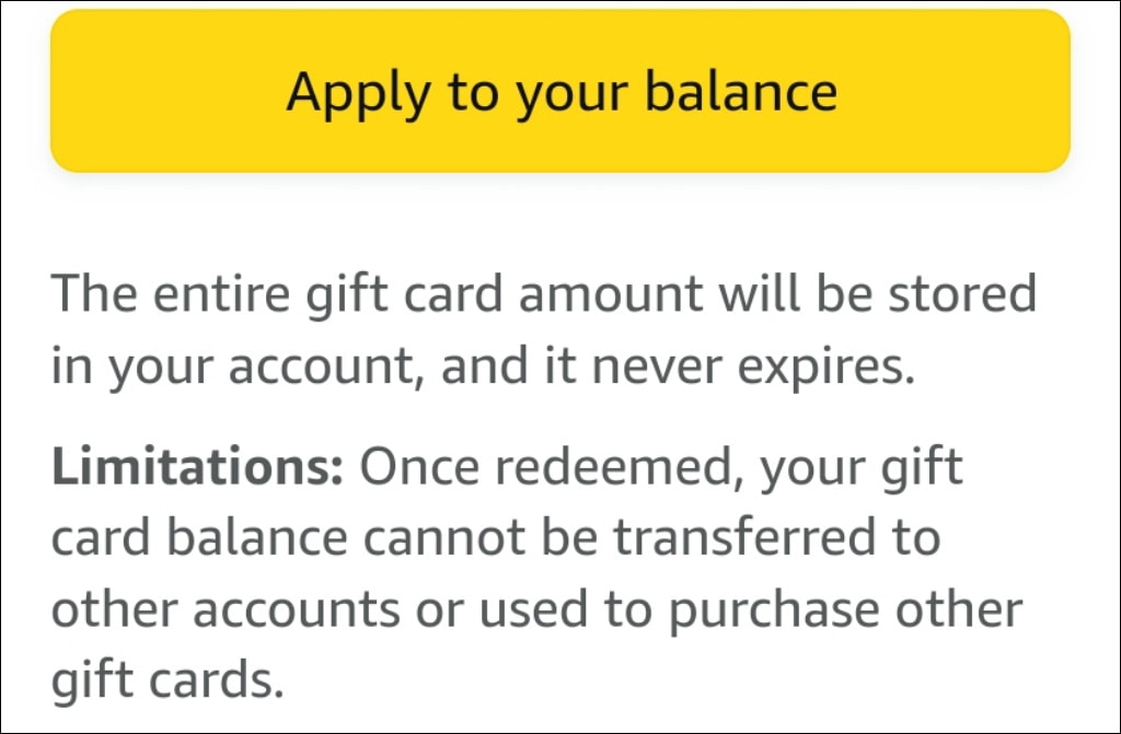 Gitt card redemption limitations in the Amazon mobile app