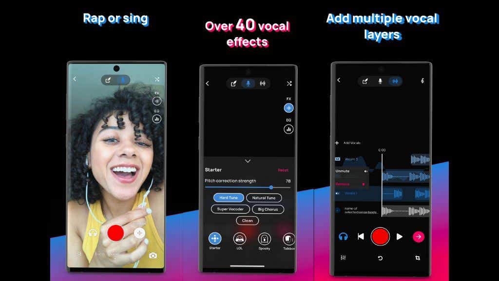 Screenshots of the Voloco Auto Vocal Tune app