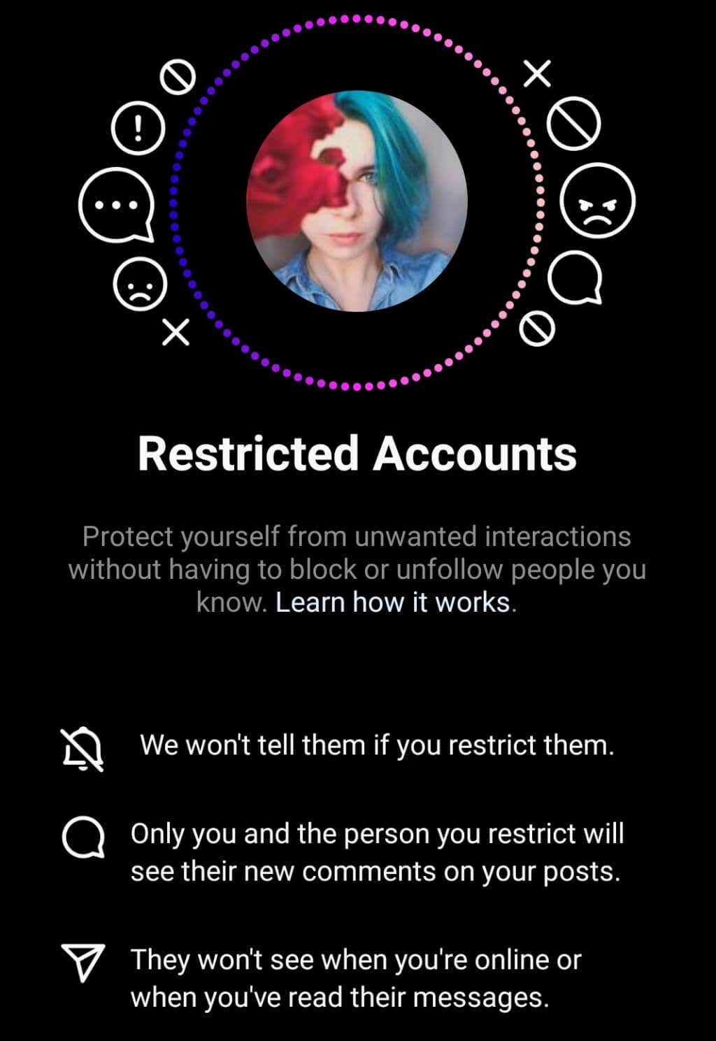 The "Restricted Accounts" explanation page in the Instagram app