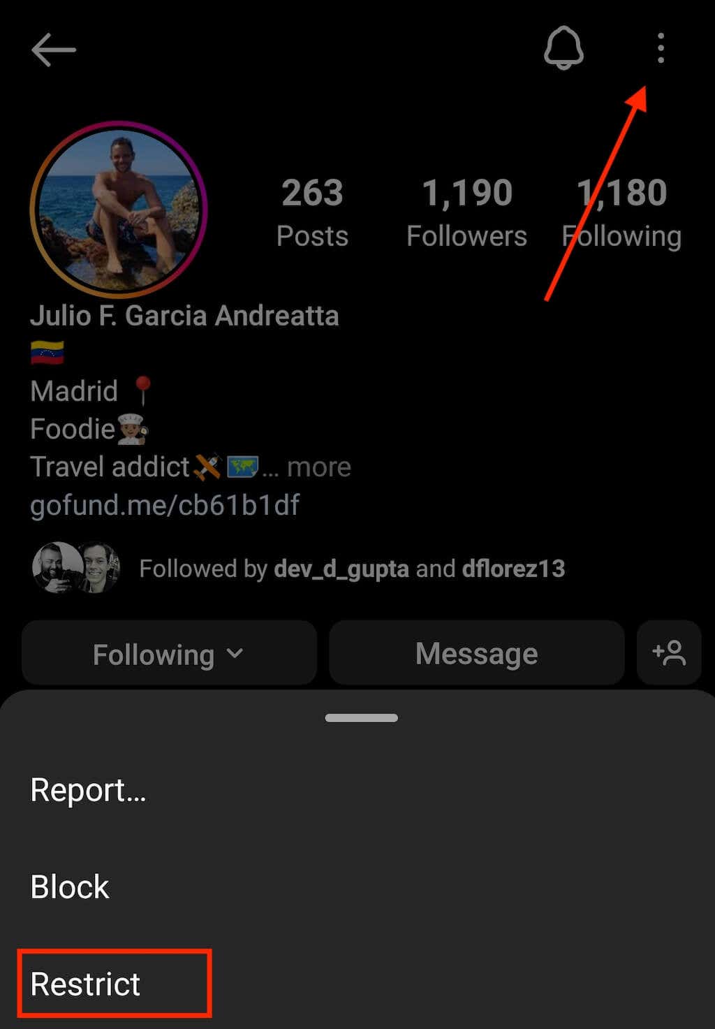 The "Restrict" option on someone's Instagram profile page