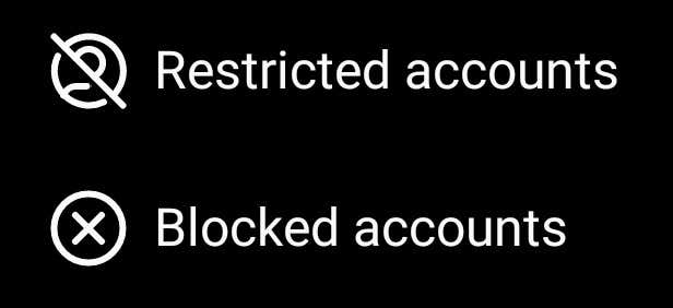 Instagram settings page with "Restricted accounts" and "Blocked accounts" options