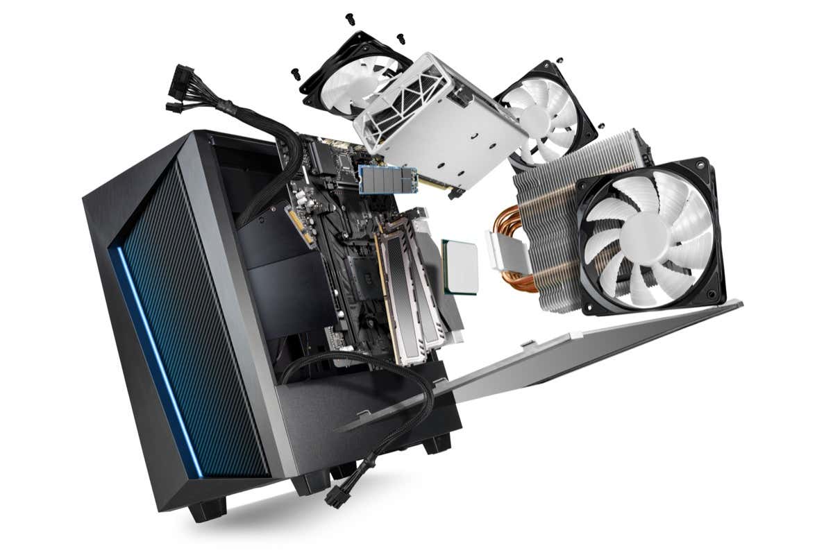  - flying parts of a modern computer. hardware components mainboard cpu processor graphic card RAM cables and cooling fan flying out of black blue PC case isolated abstract technology background