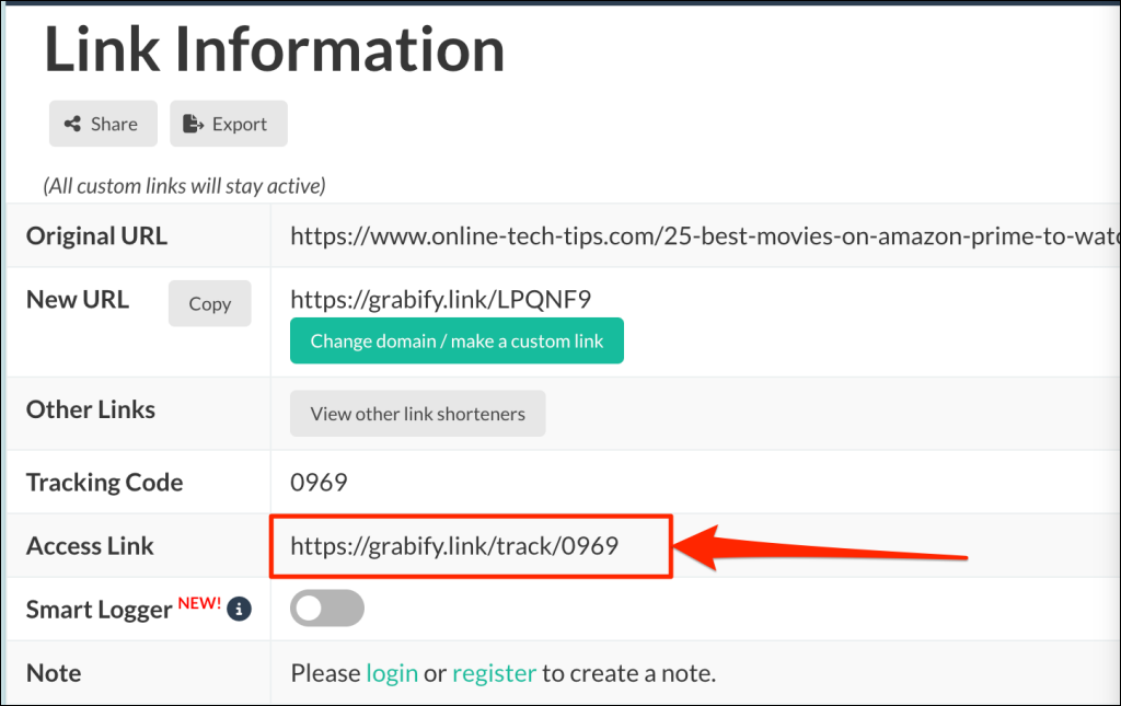 "Access Link" on Grabify IP Logger