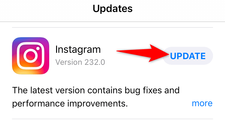 "Update" option for Instagram in the App Store 