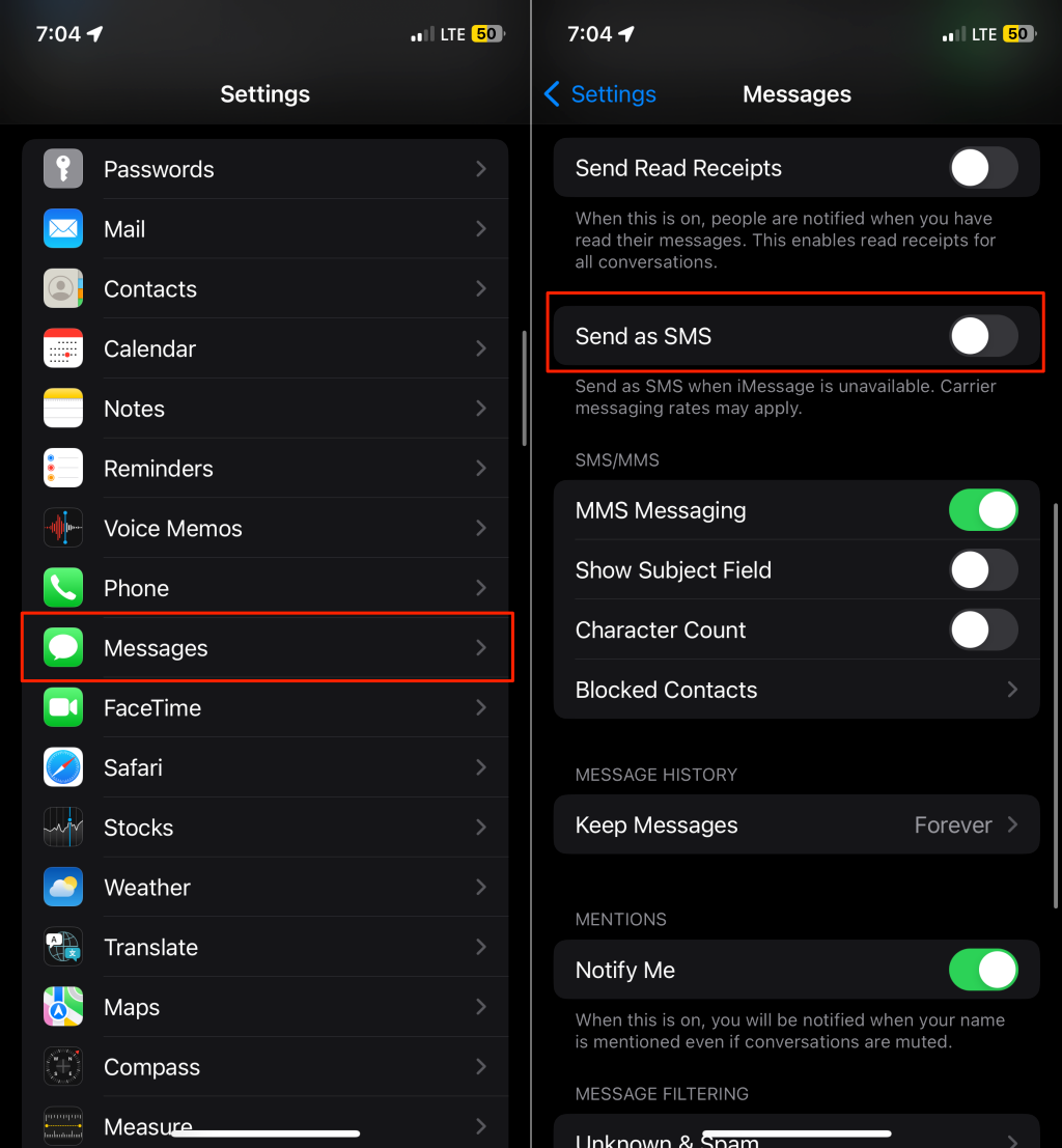 "Send as SMS" option in an iPhone's settings menu