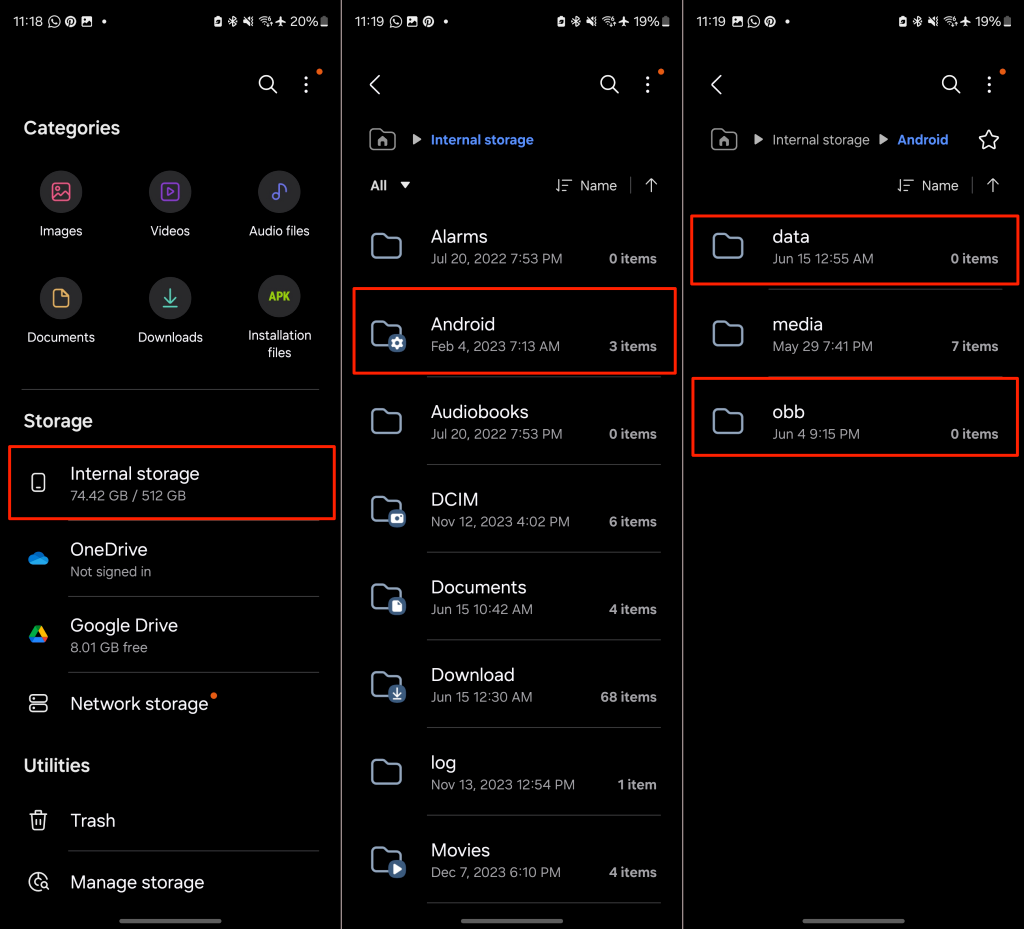 "obb" and "data" folders in an Android device's internal storage