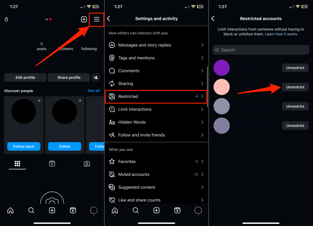 Steps to unrestrict a restricted user on Instagram