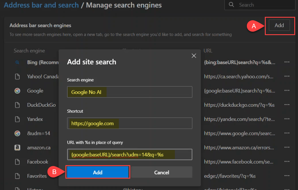 Screenshot of adding and customizing a new search engine in Microsoft Edge