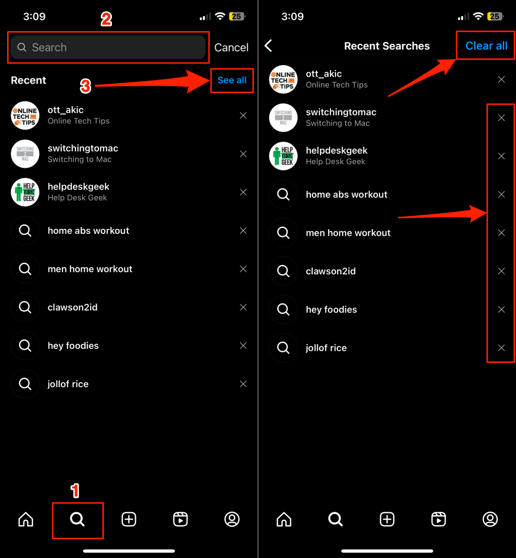 Steps to clear search siggestions and history on Instagram