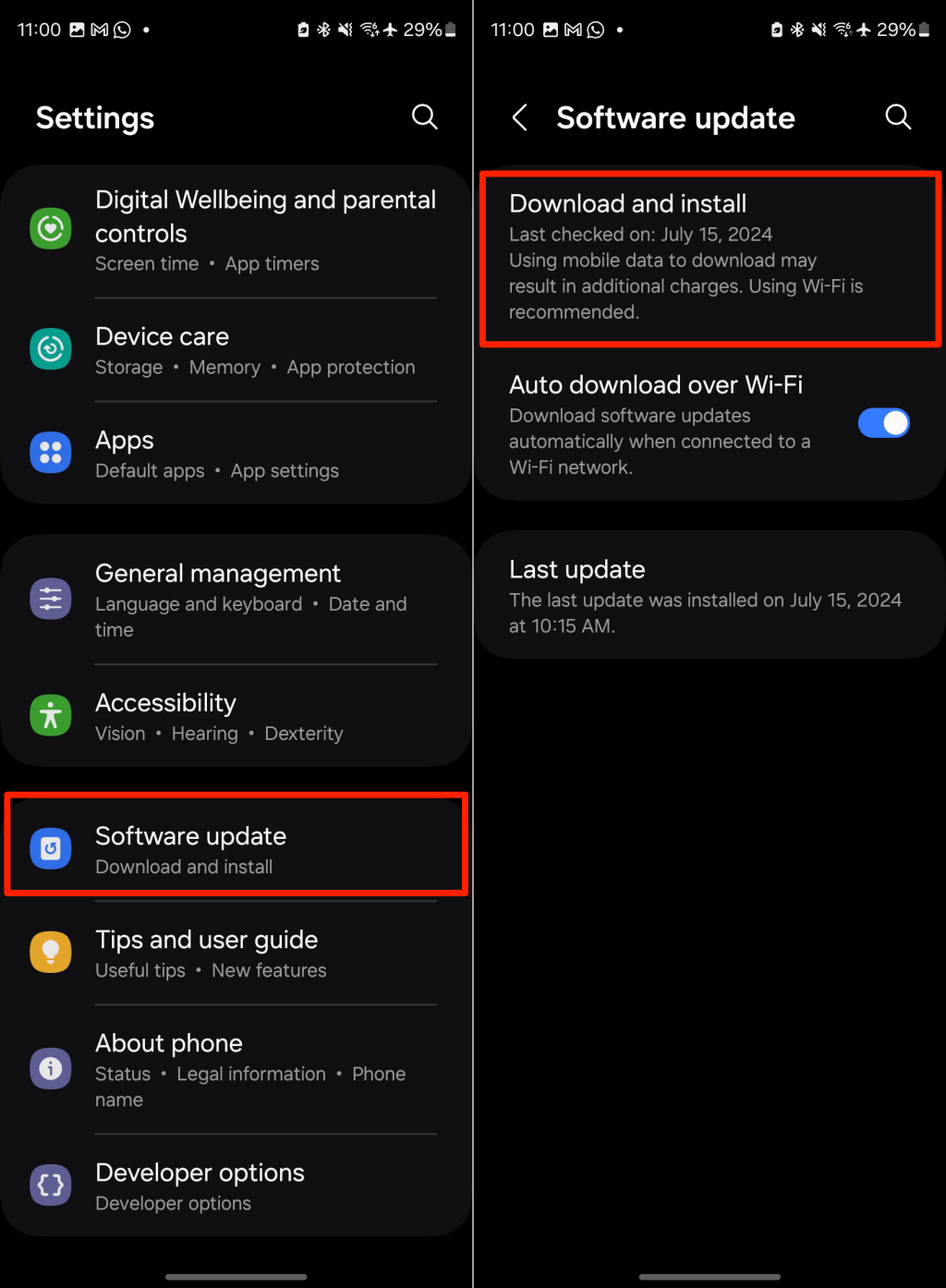 Steps to install software update in Android