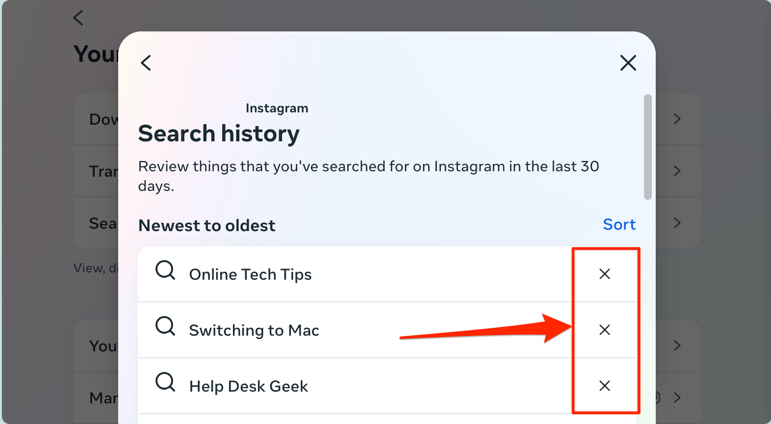 Search history settings page on Instagram Web