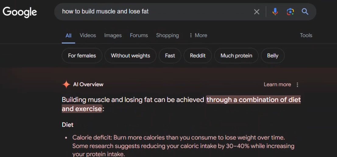 Google search for "how to build muscle and lose fat," showing the AI overview