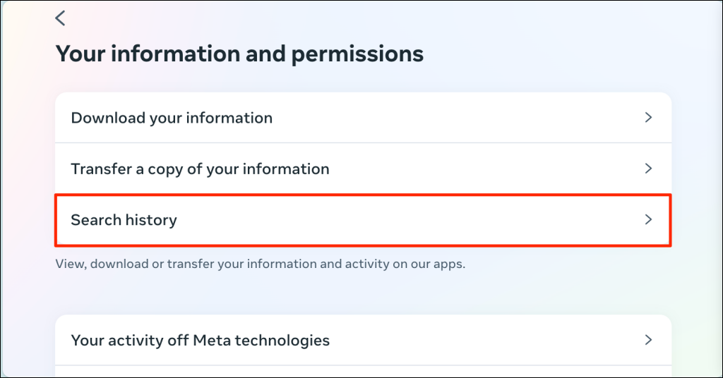 "Search history" highlighted on Instagram account settings page
