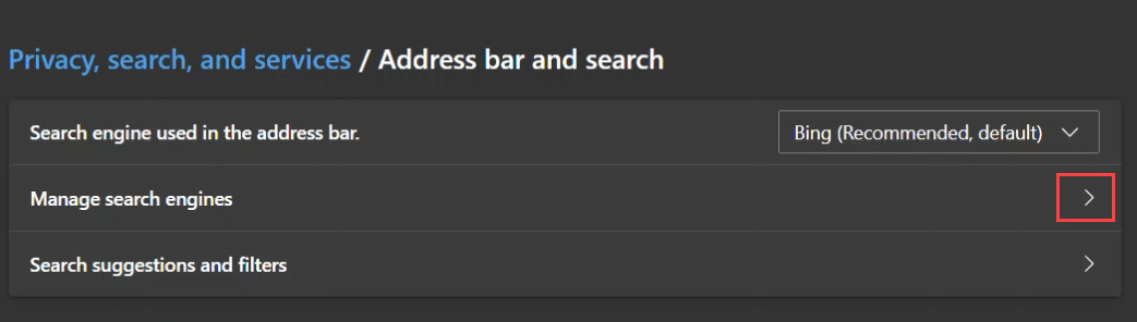 Screenshot of opening the Manage Search Engines option in Microsoft Edge