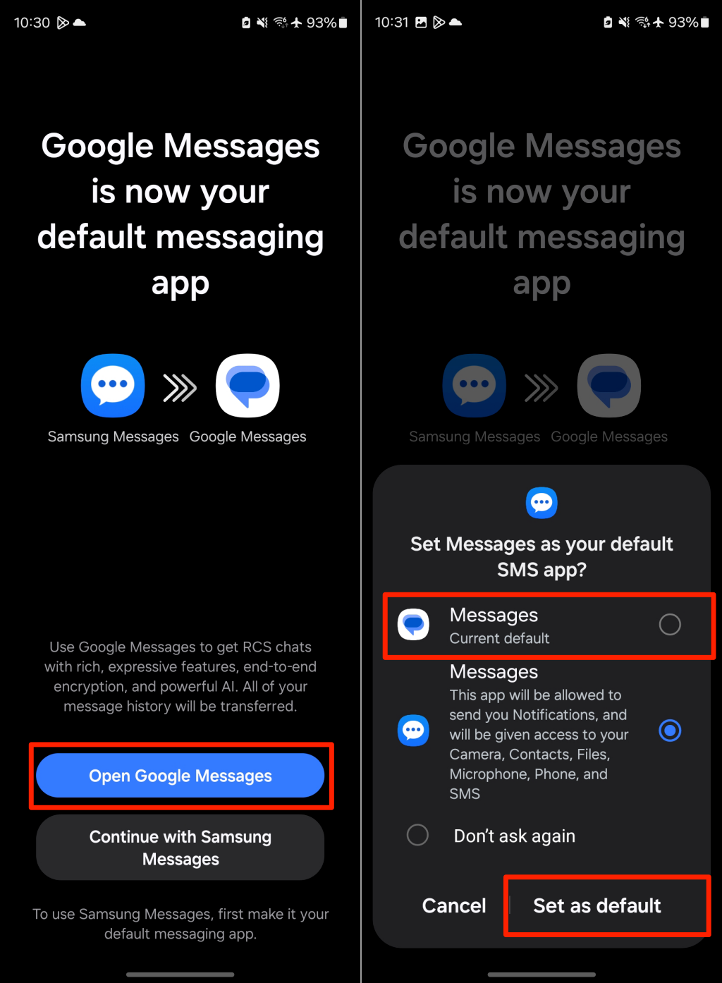 Steps to make Google Messages default messaging app