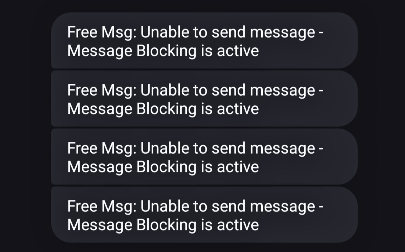 Screenshot showing four identical "Free Msg: Unable to send message - Message Blocking is active" messages