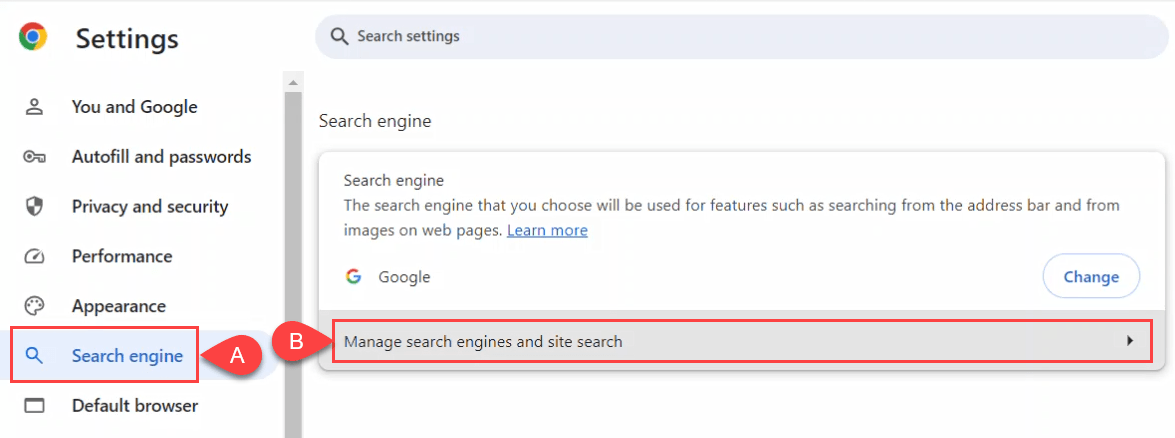 Screenshot of opening the Search Engine Settings in Google Chrome