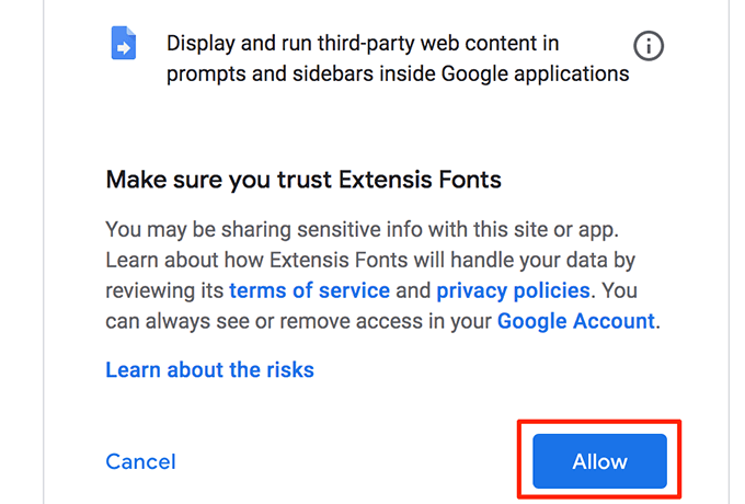 Use An Add-On To Add Fonts To Google Docs image 6 - allow-extensis-add-on