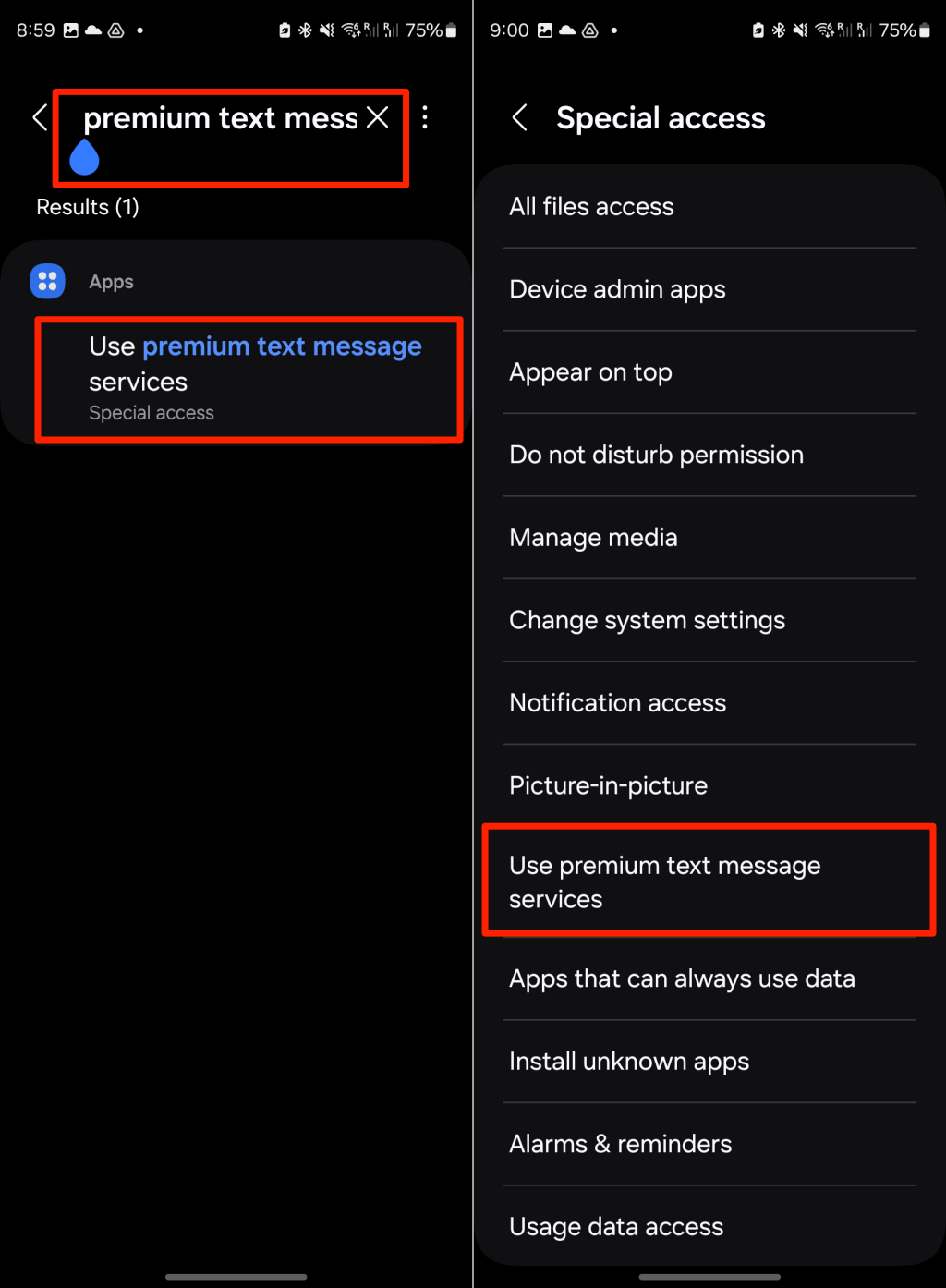 Premium text messaging settings in Android