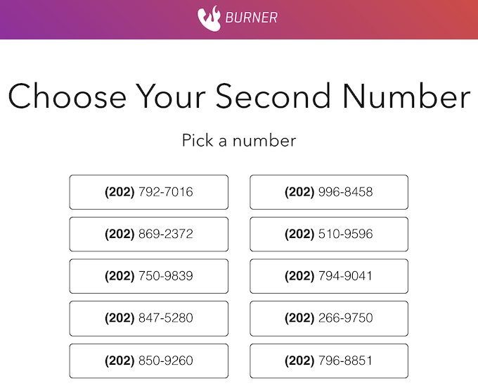 Choosing a secondary phone number in the Burner web app