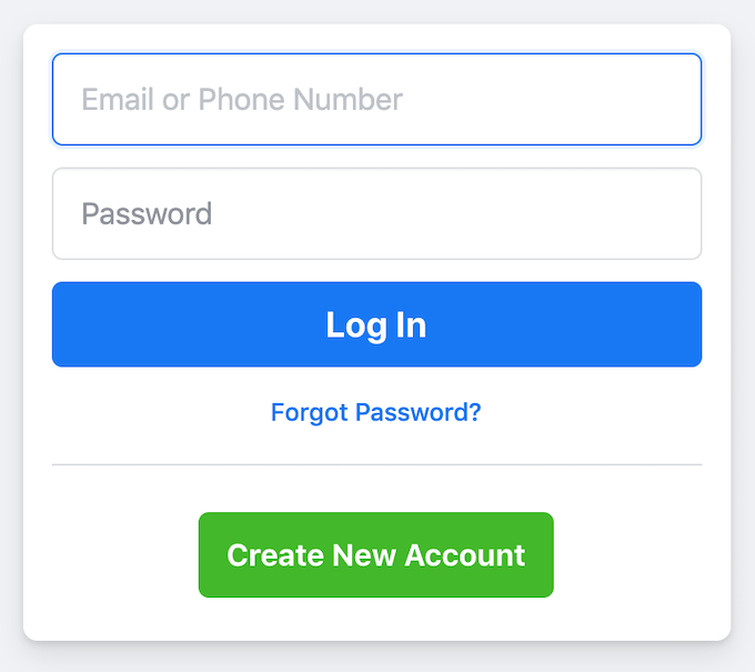 Facebook login screen