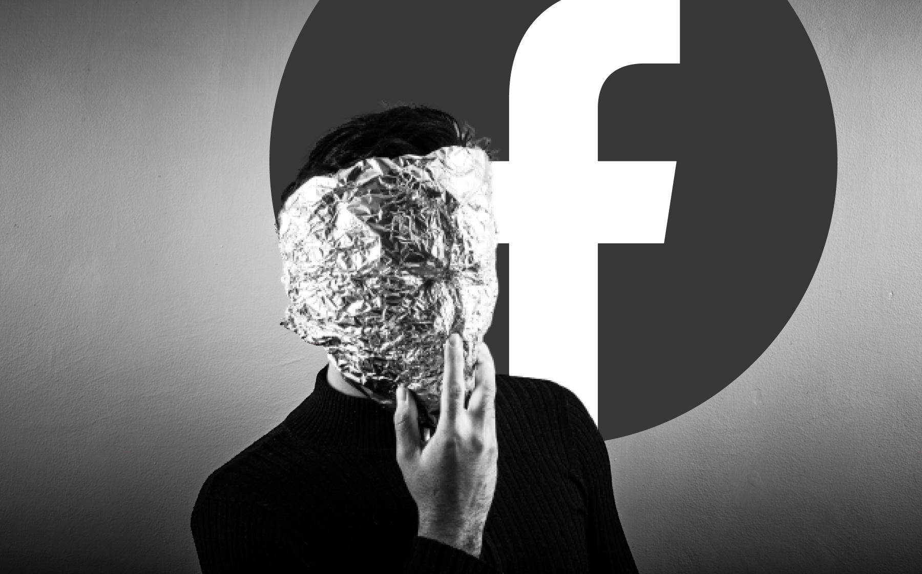 A person's face covered in foil with the Facebook logo in the background