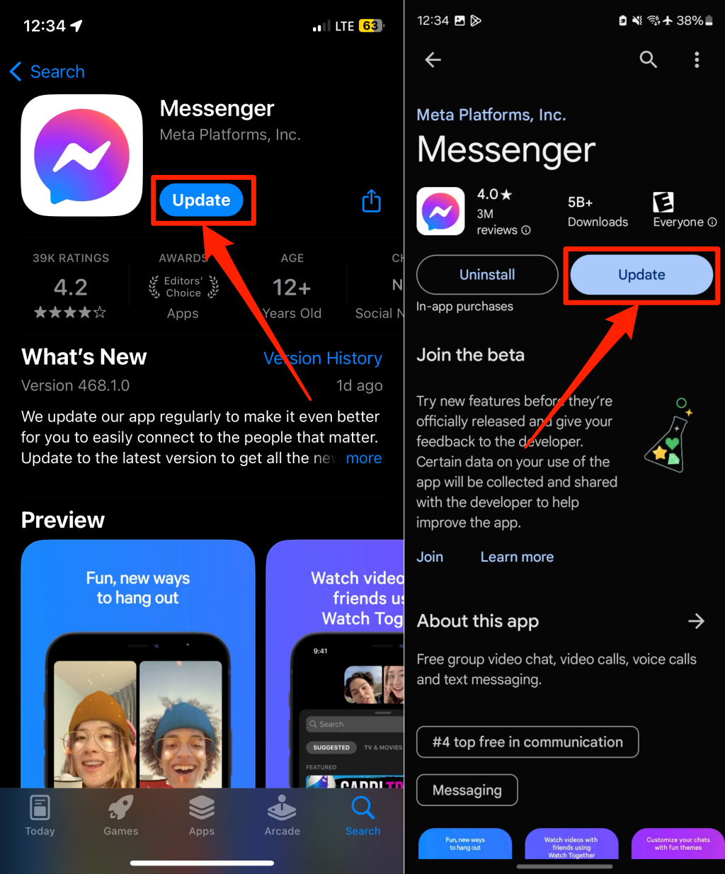 "Update" button for the Messenger app on the App Store (left) and Google Play Store (right)