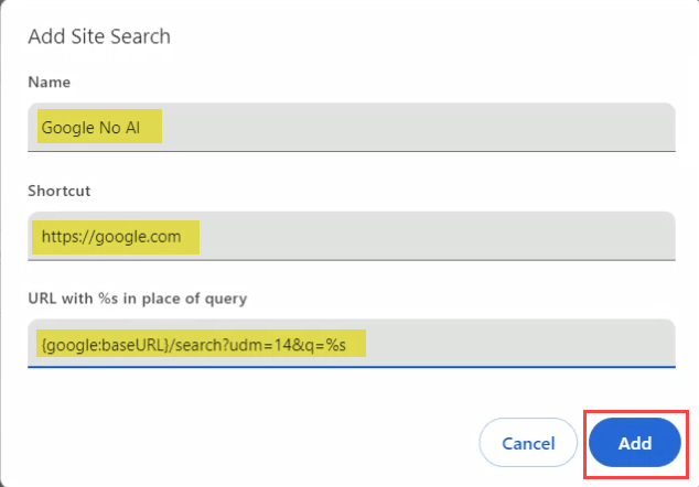 Screenshot of filling in details for a new site search in Google Chrome