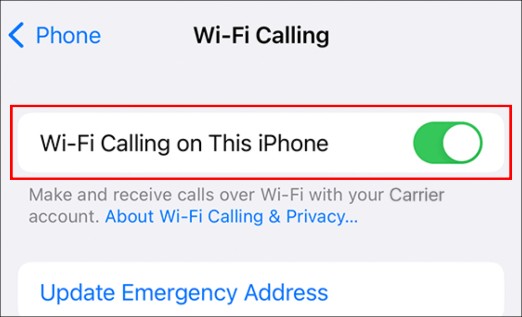 Wi-Fi Calling settings on iPhone