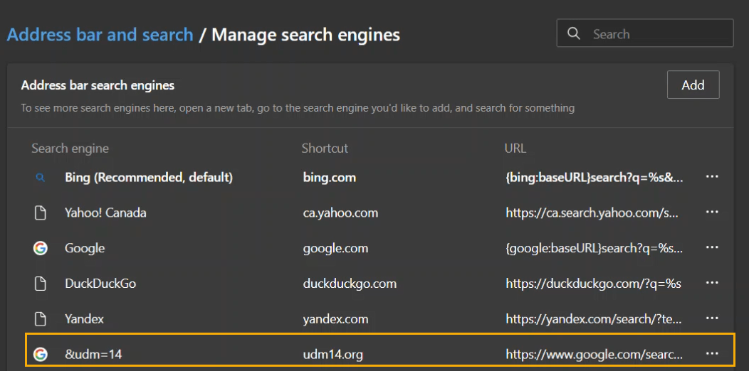 Screenshot showing the udm14.org search engine in Microsoft Edge