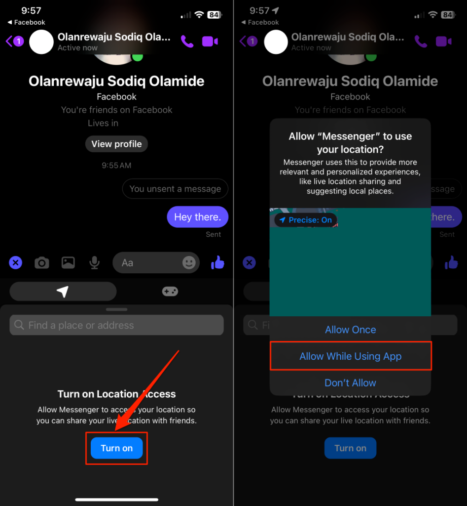 Steps to grant Facemook Messenger location permission on an iPhone - facebook-location-04