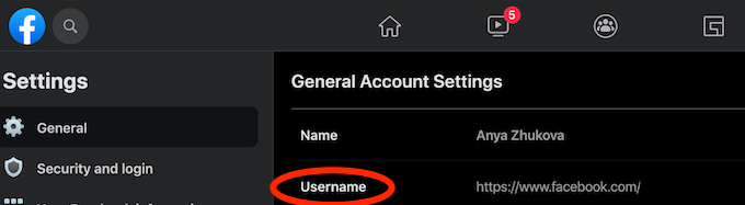 "Username" highlighted on Facebook's general account settings page