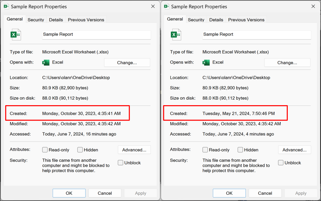 An Excel document with two different "Created" creation time and date  