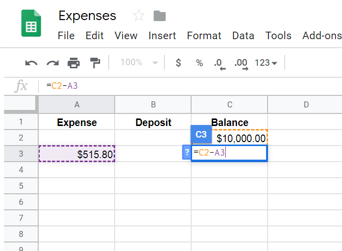 Automatically Add & Subtract In a Spreadsheet image - google-sheets-subtraction