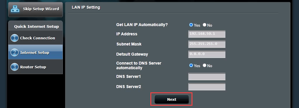 LAN IP address configuration screen for an ASUS router