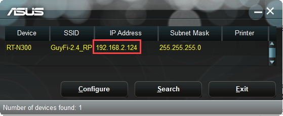 IP address for a device on an ASUS router's device management screen