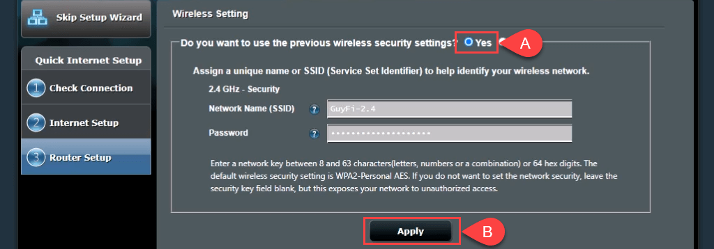 Asus RT-N300's Wireless Setting screen