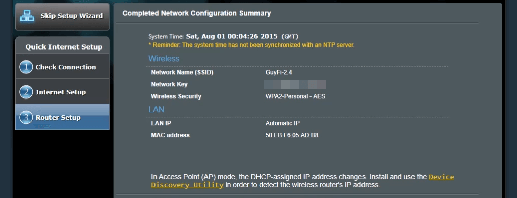 Asus RT-N300's network configuration summary screen