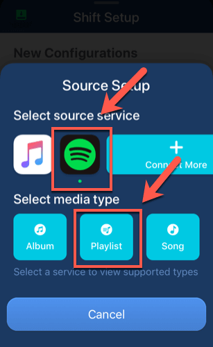 Using SongShift to Convert a Spotify Playlist to Apple Music on iOS image 7 - iOS-SongShift-Select-Source-Options