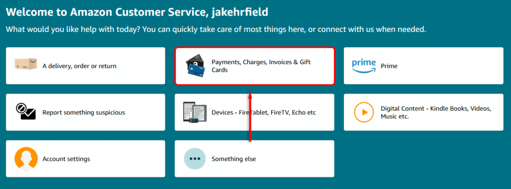 "Payments, Charges, Invoices & Gift Cards" highlighted on the Amazon Customer Service screen