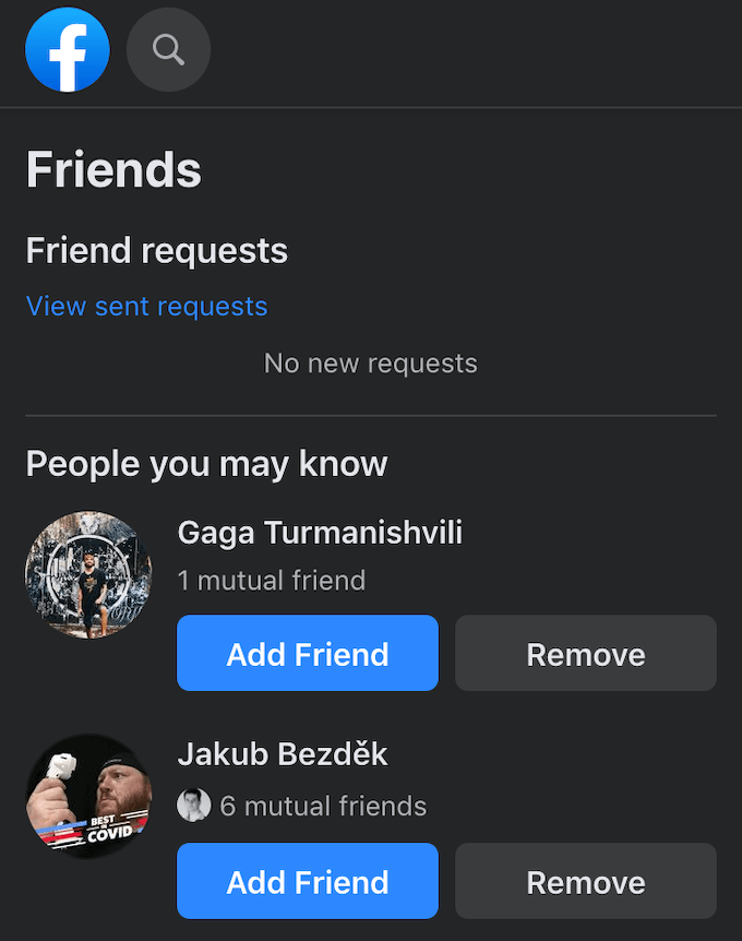 Facebook "Friend requests" screen