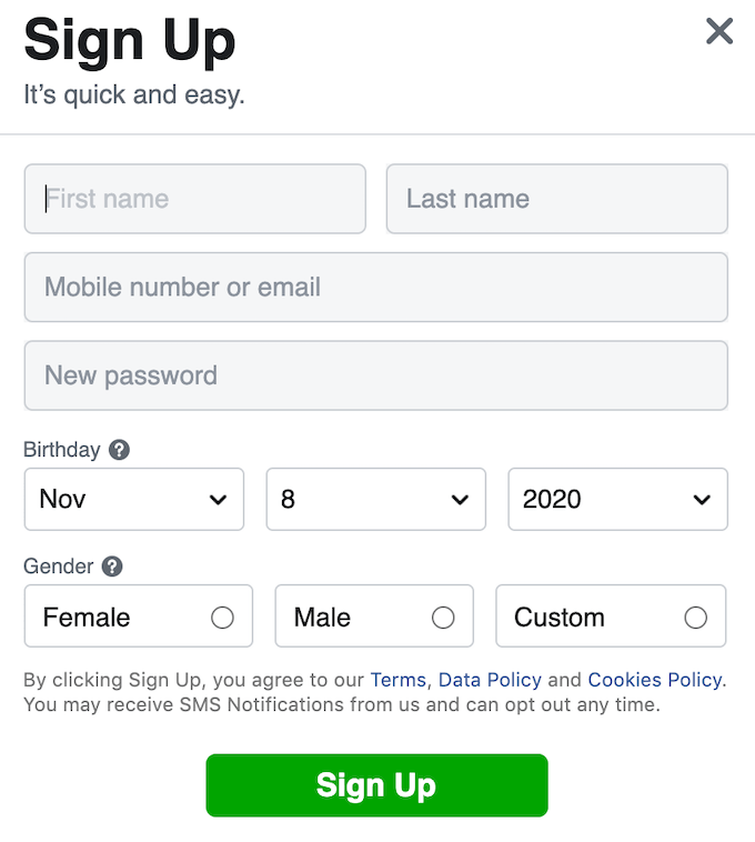 Facebook Sign Up screen 