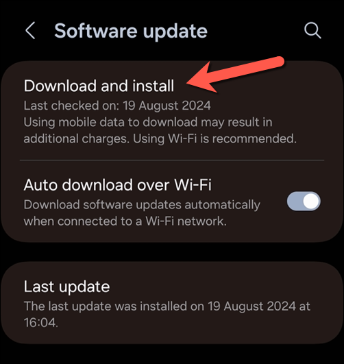 Tap Download and install to begin downloading a new Android system update.